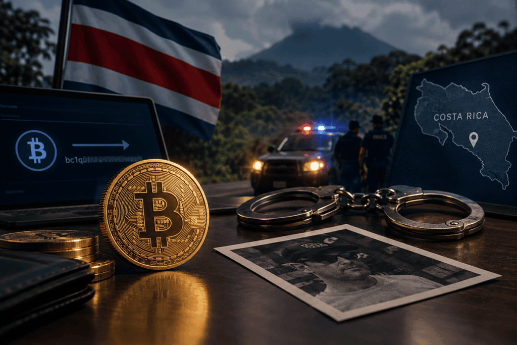 Bitcoin, esposas y una pantalla de transferencia junto a una bandera de Costa Rica y un vehículo policial.