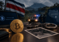 Bitcoin, esposas y una pantalla de transferencia junto a una bandera de Costa Rica y un vehículo policial.