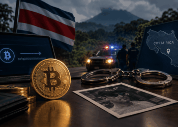 Bitcoin, esposas y una pantalla de transferencia junto a una bandera de Costa Rica y un vehículo policial.