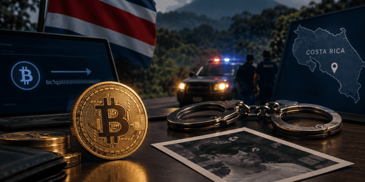 Bitcoin, esposas y una pantalla de transferencia junto a una bandera de Costa Rica y un vehículo policial.