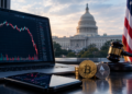 Congreso de EE.UU con la bandera, una computadora con trading y monedas de bitcoin