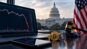 Congreso de EE.UU con la bandera, una computadora con trading y monedas de bitcoin