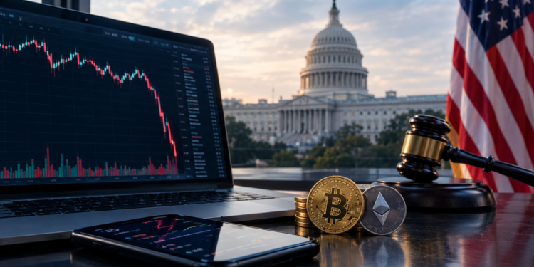 Congreso de EE.UU con la bandera, una computadora con trading y monedas de bitcoin