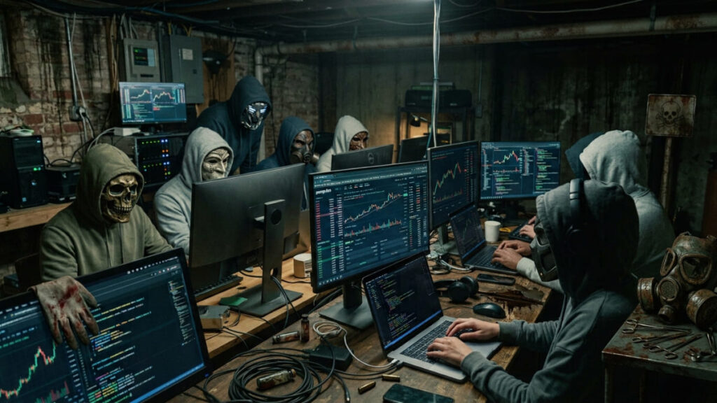 Personas operando computadoras y sistemas financieros en un sótano.
