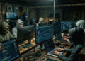 Personas operando computadoras y sistemas financieros en un sótano.