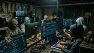 Personas operando computadoras y sistemas financieros en un sótano.