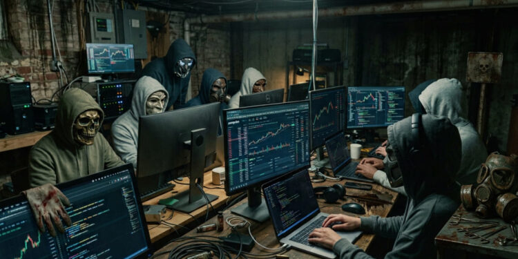 Personas operando computadoras y sistemas financieros en un sótano.