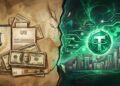 Ilustración vectorial dividida en dos secciones: a la izquierda, el sistema tradicional en tono azul muestra un edificio bancario, una bóveda del Banco Central y fajos de billetes en bolívares y dólares; a la derecha, la economía digital en verde resalta el símbolo de Tether (USDT), redes de nodos y comercio P2P. Ambas secciones están separadas por un abismo etiquetado como «Baja Integración» con dos personas intentando conectarse a través de la brecha.