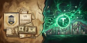 Ilustración vectorial dividida en dos secciones: a la izquierda, el sistema tradicional en tono azul muestra un edificio bancario, una bóveda del Banco Central y fajos de billetes en bolívares y dólares; a la derecha, la economía digital en verde resalta el símbolo de Tether (USDT), redes de nodos y comercio P2P. Ambas secciones están separadas por un abismo etiquetado como «Baja Integración» con dos personas intentando conectarse a través de la brecha.