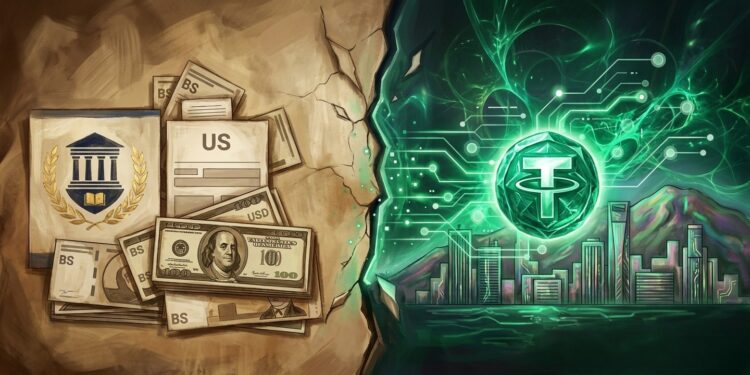 Ilustración vectorial dividida en dos secciones: a la izquierda, el sistema tradicional en tono azul muestra un edificio bancario, una bóveda del Banco Central y fajos de billetes en bolívares y dólares; a la derecha, la economía digital en verde resalta el símbolo de Tether (USDT), redes de nodos y comercio P2P. Ambas secciones están separadas por un abismo etiquetado como «Baja Integración» con dos personas intentando conectarse a través de la brecha.