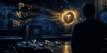 Sala de prensa de un banco central vacía con podio del FMI descolorido, mientras tres monedas locales se desintegran hacia un token USDT brillante.