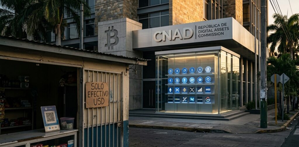 Fotografía editorial en proporción 2:1 de un edificio institucional moderno con el logo de Bitcoin y la sigla CNAD en la fachada. En la entrada, una vitrina de cristal exhibe fichas y tokens digitales brillantes sin utilizar. En primer plano, la fachada de un pequeño comercio local salvadoreño con un cartel que indica cobro en dólares en efectivo.