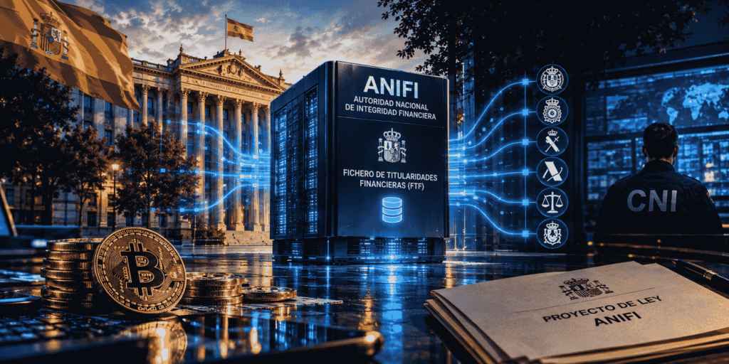 Ilustración cinematográfica de la futura ANIFI frente al Congreso de los Diputados de España. Un servidor central identificado como Fichero de Titularidades Financieras emite conexiones digitales hacia organismos de seguridad y supervisión, mientras aparecen bitcoins y documentos del proyecto de ley en primer plano.
