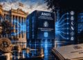 Ilustración cinematográfica de la futura ANIFI frente al Congreso de los Diputados de España. Un servidor central identificado como Fichero de Titularidades Financieras emite conexiones digitales hacia organismos de seguridad y supervisión, mientras aparecen bitcoins y documentos del proyecto de ley en primer plano.