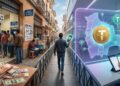 Ilustración digital que contrapone una fila en un banco con la escasez de dólares frente al uso del USDT en teléfonos móviles en Bolivia.