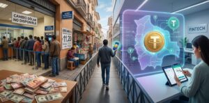 Ilustración digital que contrapone una fila en un banco con la escasez de dólares frente al uso del USDT en teléfonos móviles en Bolivia.