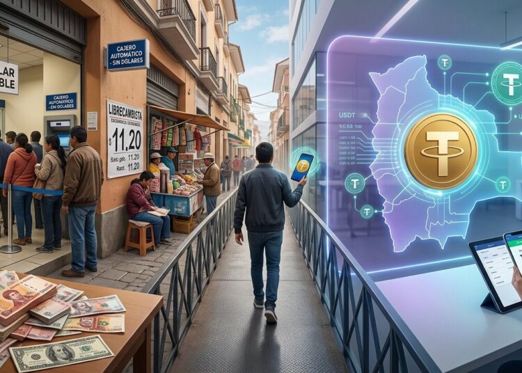 Ilustración digital que contrapone una fila en un banco con la escasez de dólares frente al uso del USDT en teléfonos móviles en Bolivia.