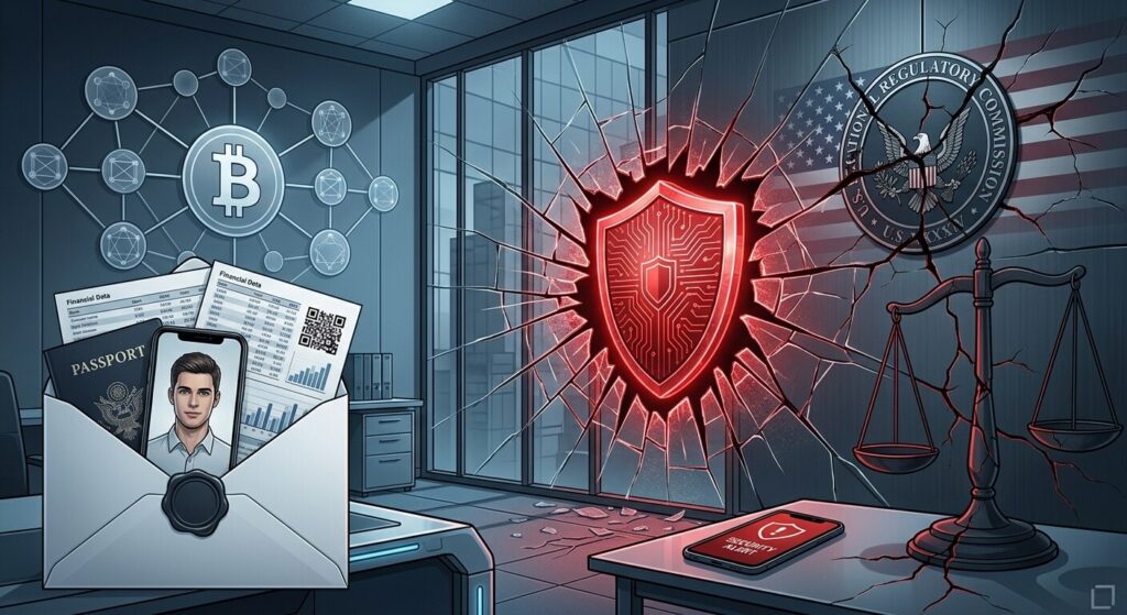 Ilustración editorial sobre la brecha de datos de Revolut: un edificio de fintech con fachada de vidrio agrietada en forma de escudo roto; un sobre con sello gubernamental del que escapan documentos como pasaporte y selfie; al fondo, una cadena de bloques con símbolo de Bitcoin difuminado y una balanza de justicia. Paleta azul corporativa con acentos rojos de alerta.