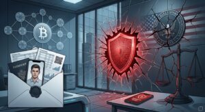 Ilustración editorial sobre la brecha de datos de Revolut: un edificio de fintech con fachada de vidrio agrietada en forma de escudo roto; un sobre con sello gubernamental del que escapan documentos como pasaporte y selfie; al fondo, una cadena de bloques con símbolo de Bitcoin difuminado y una balanza de justicia. Paleta azul corporativa con acentos rojos de alerta.