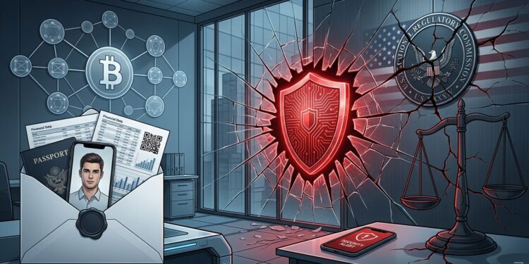Ilustración editorial sobre la brecha de datos de Revolut: un edificio de fintech con fachada de vidrio agrietada en forma de escudo roto; un sobre con sello gubernamental del que escapan documentos como pasaporte y selfie; al fondo, una cadena de bloques con símbolo de Bitcoin difuminado y una balanza de justicia. Paleta azul corporativa con acentos rojos de alerta.