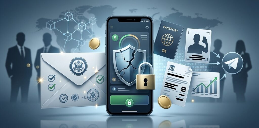 lustración editorial en estilo realista digital: un smartphone con interfaz financiera abstracta y escudo agrietado; a la izquierda, un sobre con sello gubernamental genérico y marcas de verificación; a la derecha, documentos como pasaporte, selfie y extractos bancarios que se desvían hacia un icono de avión de papel; fondo con cadena de bloques estilizada, siluetas difuminadas y mapamundi tenue. Sin texto ni logotipos legibles.
