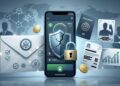 lustración editorial en estilo realista digital: un smartphone con interfaz financiera abstracta y escudo agrietado; a la izquierda, un sobre con sello gubernamental genérico y marcas de verificación; a la derecha, documentos como pasaporte, selfie y extractos bancarios que se desvían hacia un icono de avión de papel; fondo con cadena de bloques estilizada, siluetas difuminadas y mapamundi tenue. Sin texto ni logotipos legibles.