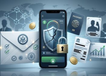 lustración editorial en estilo realista digital: un smartphone con interfaz financiera abstracta y escudo agrietado; a la izquierda, un sobre con sello gubernamental genérico y marcas de verificación; a la derecha, documentos como pasaporte, selfie y extractos bancarios que se desvían hacia un icono de avión de papel; fondo con cadena de bloques estilizada, siluetas difuminadas y mapamundi tenue. Sin texto ni logotipos legibles.