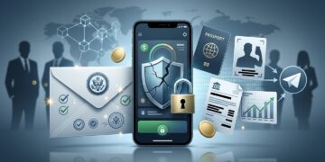 lustración editorial en estilo realista digital: un smartphone con interfaz financiera abstracta y escudo agrietado; a la izquierda, un sobre con sello gubernamental genérico y marcas de verificación; a la derecha, documentos como pasaporte, selfie y extractos bancarios que se desvían hacia un icono de avión de papel; fondo con cadena de bloques estilizada, siluetas difuminadas y mapamundi tenue. Sin texto ni logotipos legibles.