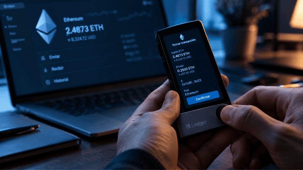 Una persona firmando una transacción en Ethereum.