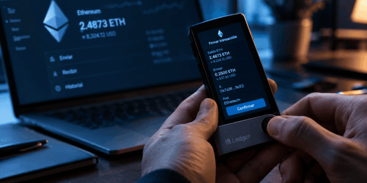 Una persona firmando una transacción en Ethereum.