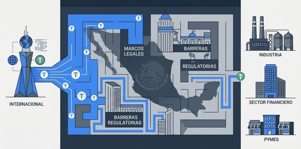 Ilustración vectorial conceptual que muestra el mapa de México como un laberinto con las etiquetas Marcos Legales y Barreras Regulatorias. A la izquierda, una torre representa la fuente internacional emitiendo flujo de tokens de USDT que se canalizan por el laberinto. A la derecha, se observa el destino hacia la industria, el sector financiero y las pymes.