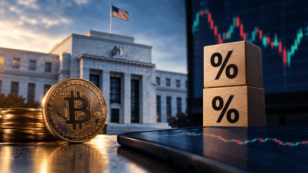 Bitcoin frente a la Reserva Federal y tasas de interés en un contexto de mercados financieros.
