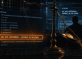 Representación artística del mensaje OP_RETURN dejado por los atacantes de Liquid Network en la cadena de bloques, combinado con una balanza de la justicia en desequilibrio y una figura judicial. La imagen ilustra la paradoja central del caso: una transacción legítima para el código, pero jurídicamente indefinible.