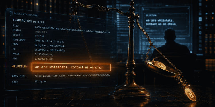 Representación artística del mensaje OP_RETURN dejado por los atacantes de Liquid Network en la cadena de bloques, combinado con una balanza de la justicia en desequilibrio y una figura judicial. La imagen ilustra la paradoja central del caso: una transacción legítima para el código, pero jurídicamente indefinible.