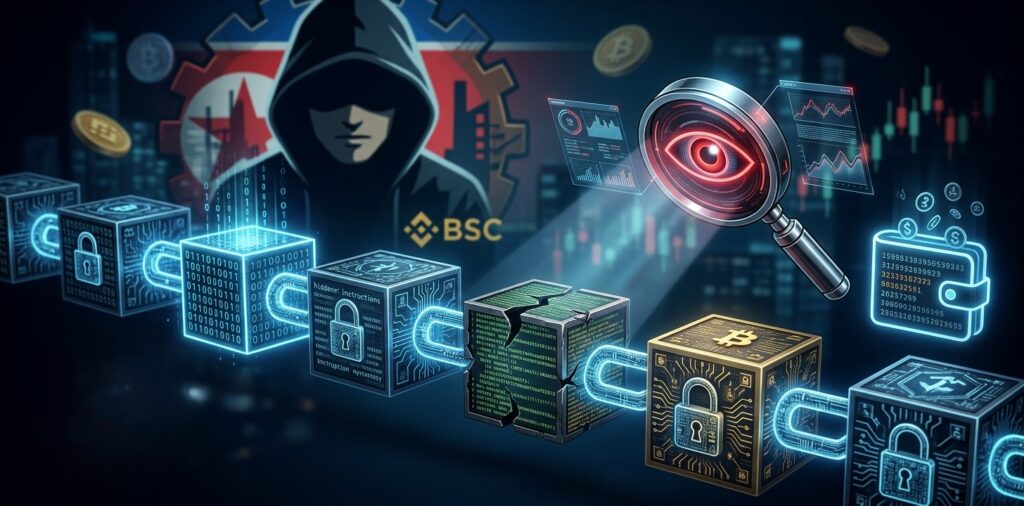 Ilustración digital de una cadena de bloques interconectados con códigos ocultos, una silueta de hacker al fondo y una lupa examinando transacciones en Binance Smart Chain. Simboliza la permanencia de instrucciones maliciosas en la blockchain y la verificación on-chain.