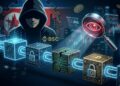 Ilustración digital de una cadena de bloques interconectados con códigos ocultos, una silueta de hacker al fondo y una lupa examinando transacciones en Binance Smart Chain. Simboliza la permanencia de instrucciones maliciosas en la blockchain y la verificación on-chain.