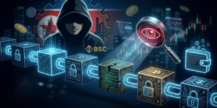 Ilustración digital de una cadena de bloques interconectados con códigos ocultos, una silueta de hacker al fondo y una lupa examinando transacciones en Binance Smart Chain. Simboliza la permanencia de instrucciones maliciosas en la blockchain y la verificación on-chain.