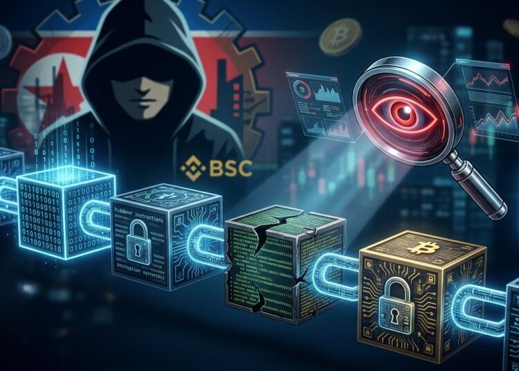 Ilustración digital de una cadena de bloques interconectados con códigos ocultos, una silueta de hacker al fondo y una lupa examinando transacciones en Binance Smart Chain. Simboliza la permanencia de instrucciones maliciosas en la blockchain y la verificación on-chain.