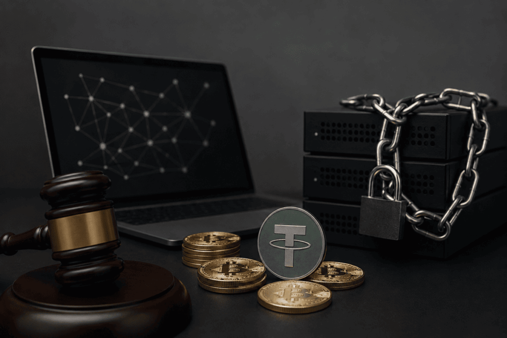 Mazo judicial, criptomonedas y servidores bloqueados con un candado.