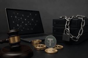 Mazo judicial, criptomonedas y servidores bloqueados con un candado.