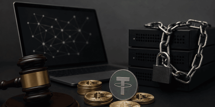 Mazo judicial, criptomonedas y servidores bloqueados con un candado.