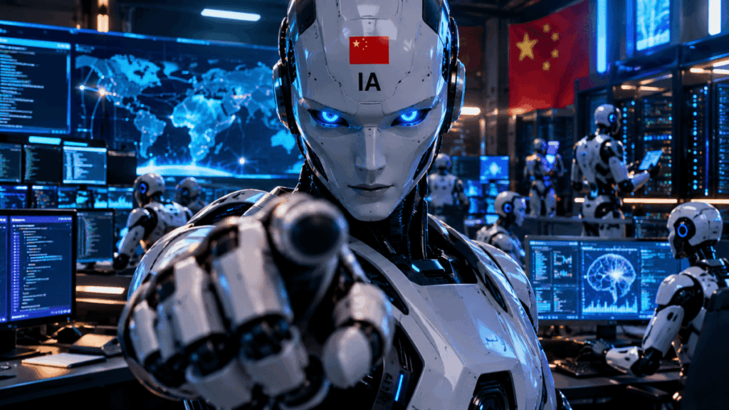 Un robot de IA apuntando al centro de la imagen.