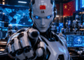 Un robot de IA apuntando al centro de la imagen.
