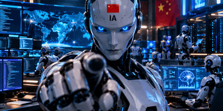 Un robot de IA apuntando al centro de la imagen.