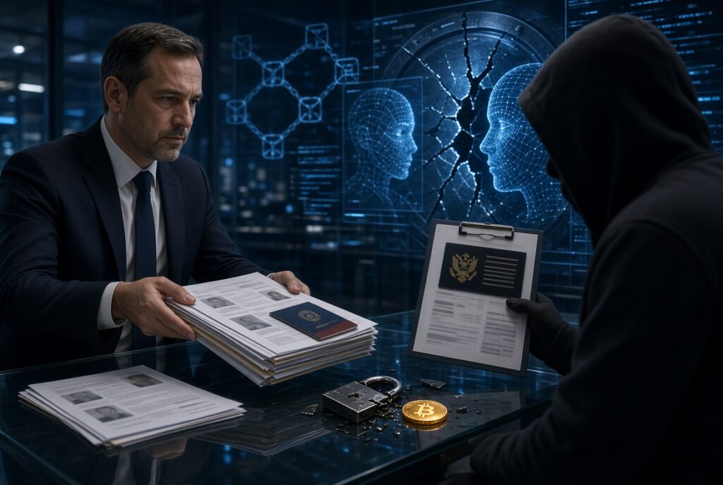 Persona entregando documentos a un hacker.