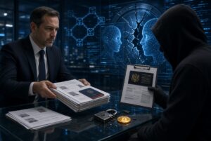 Persona entregando documentos a un hacker.