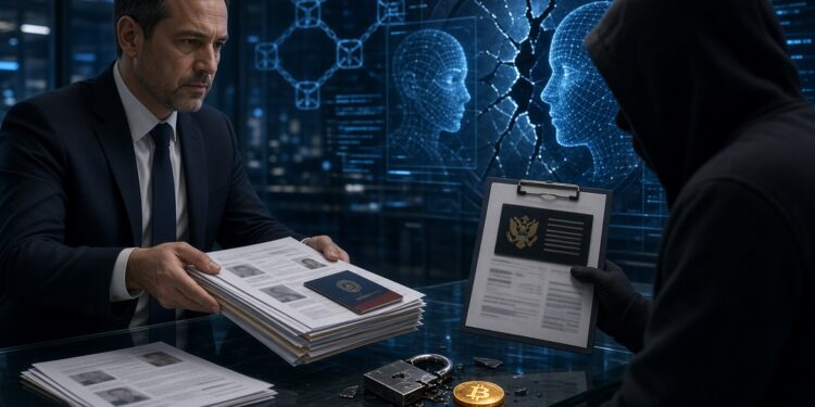 Persona entregando documentos a un hacker.
