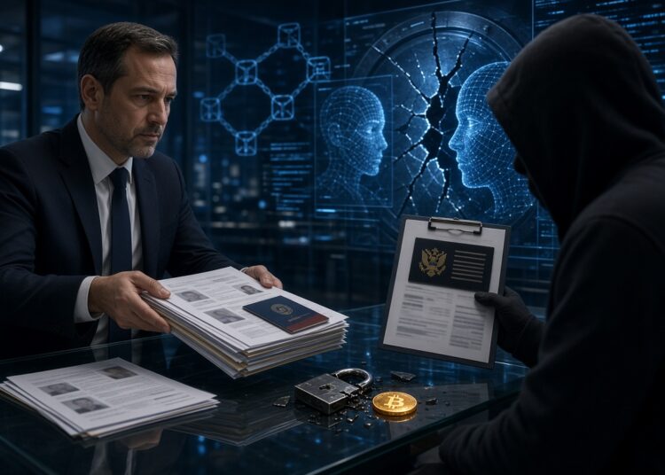 Persona entregando documentos a un hacker.