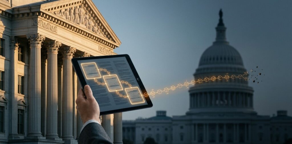 Ilustración editorial realista: un edificio institucional neoclásico (sede de la SEC) iluminado por luz cálida. En primer plano, una mano sostiene una tableta con un documento dividido en tres secciones resaltadas, conectadas por una cadena de bloques dorada. La cadena se rompe en el borde derecho, donde se ve el Capitolio de EE.UU. desenfocado y apagado. La imagen simboliza el avance de la SEC con su plan regulatorio de tres pilares —emisión, transferencia y custodia— tras el rechazo de la Ley Clarity en el Senado. Sin texto sobreimpreso. Fuente: CriptoNoticias / generada con Gemini.