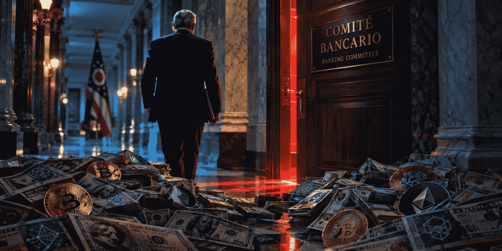 Pasillo del Senado con billetes de dólar marcados con símbolos de criptomonedas bloqueando una puerta con letrero 'Comité Bancario', bajo una luz roja intensa.